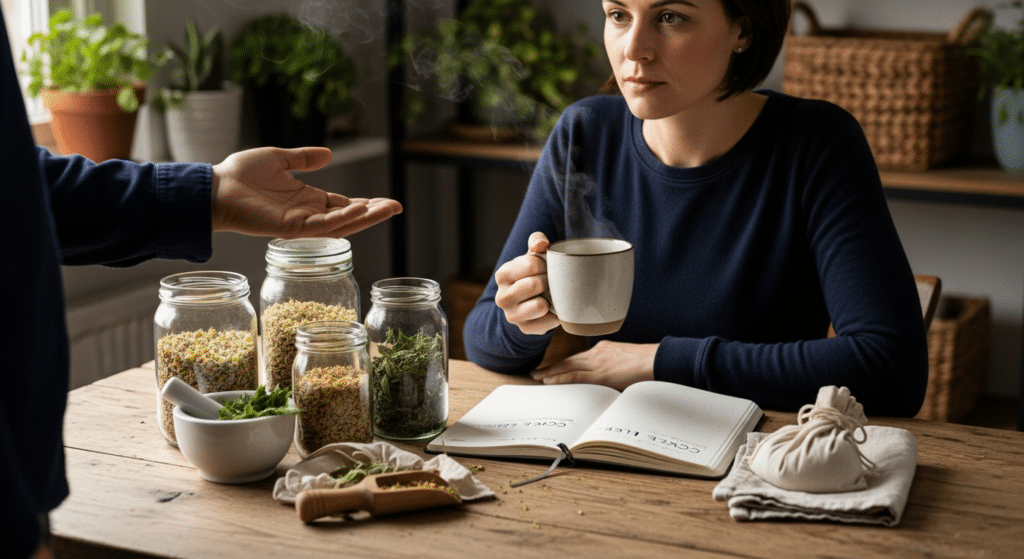 Nő konyhában jegyzetel, gyógynövény alapú megoldás, csésze és gyógynövények