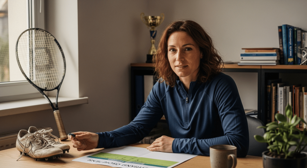 pszichológiai coaching: sportos nő figyelmesen ül íróasztalnál