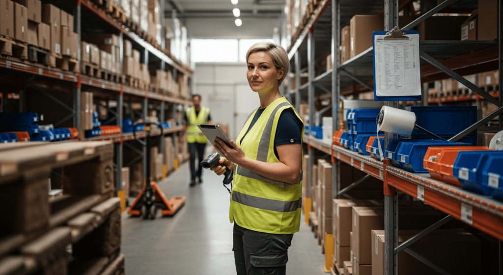 raktári áruk mozgatása – adminisztrátor tablet-tel és vonalkód-olvasóval