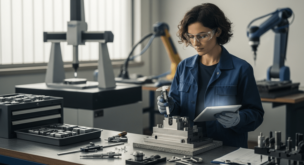 szerszámkészítés munka: minőségellenőr tolómérővel és tablettel, CMM háttérrel