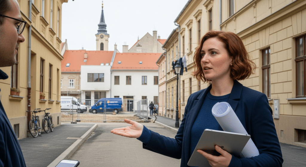 városi területhasználat tervezése: várostervező mutat új utcanyitást Győrben